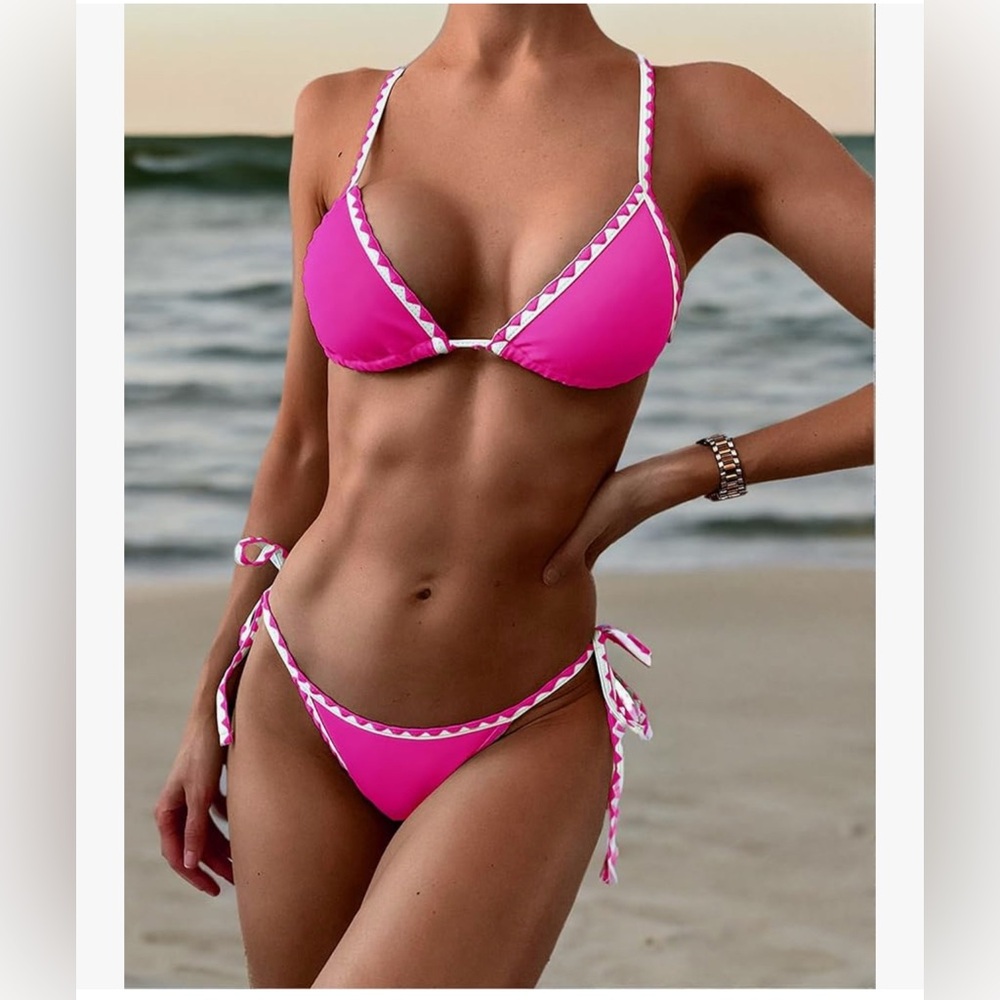 ZAFUL Women's Triangle String Bikini Tie Side Whip Stitch Hot Pink S NWT